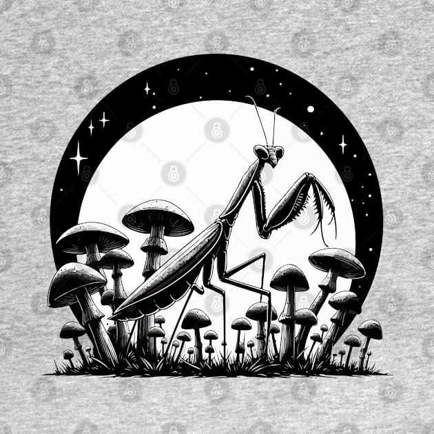 Monochromatic Praying Mantis in Mushroom Garden by TomFrontierArt